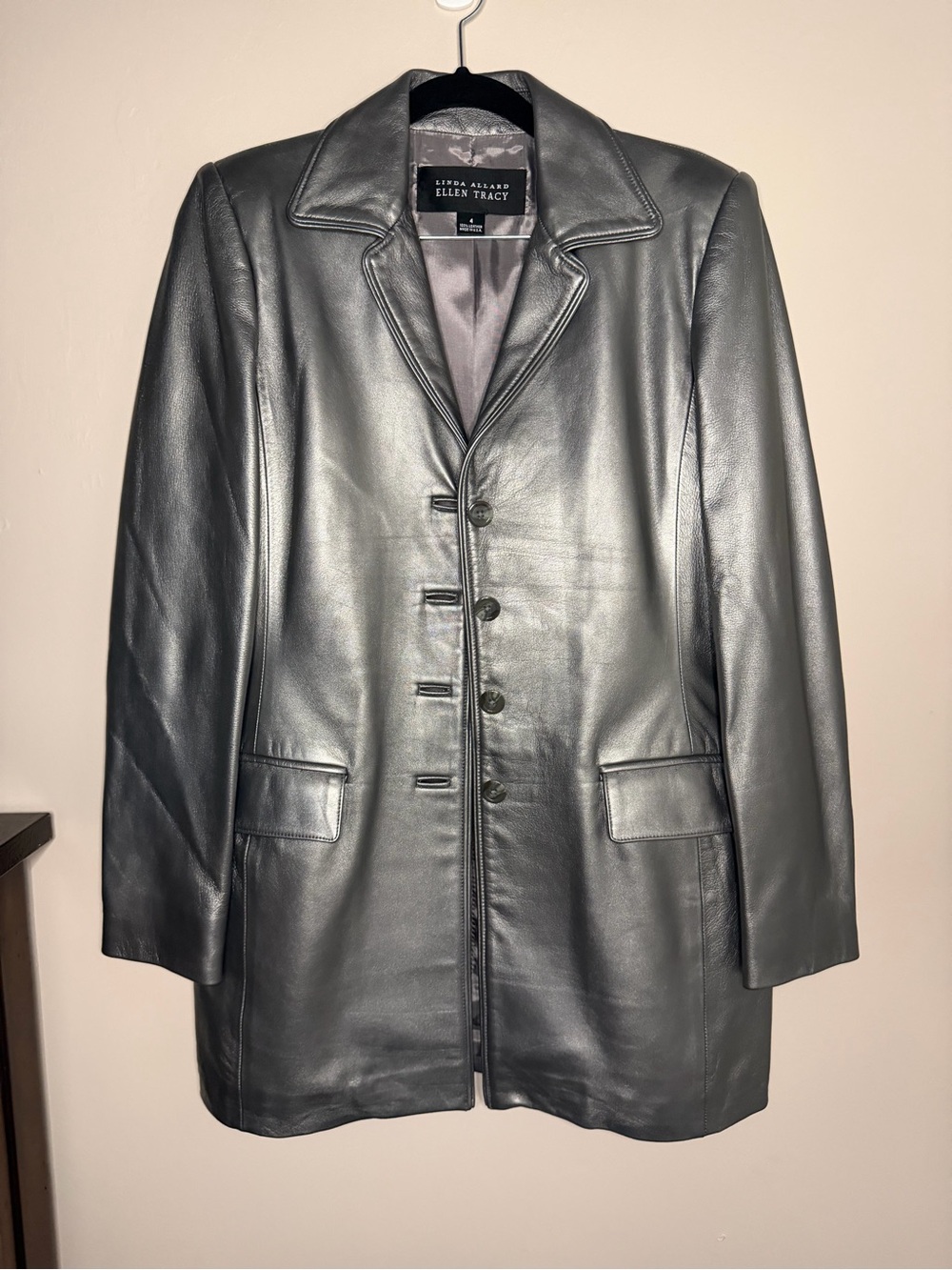 Vintage Ellen Tracy Black Leather Button-Front Coat